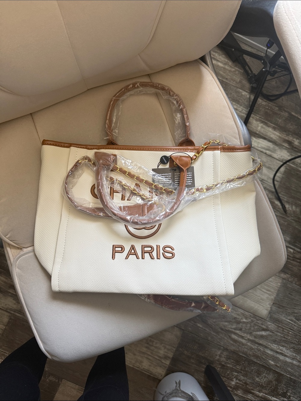 Cream Tote Bag with Tan Trim and Paris Embroidery, cosmetic bag included